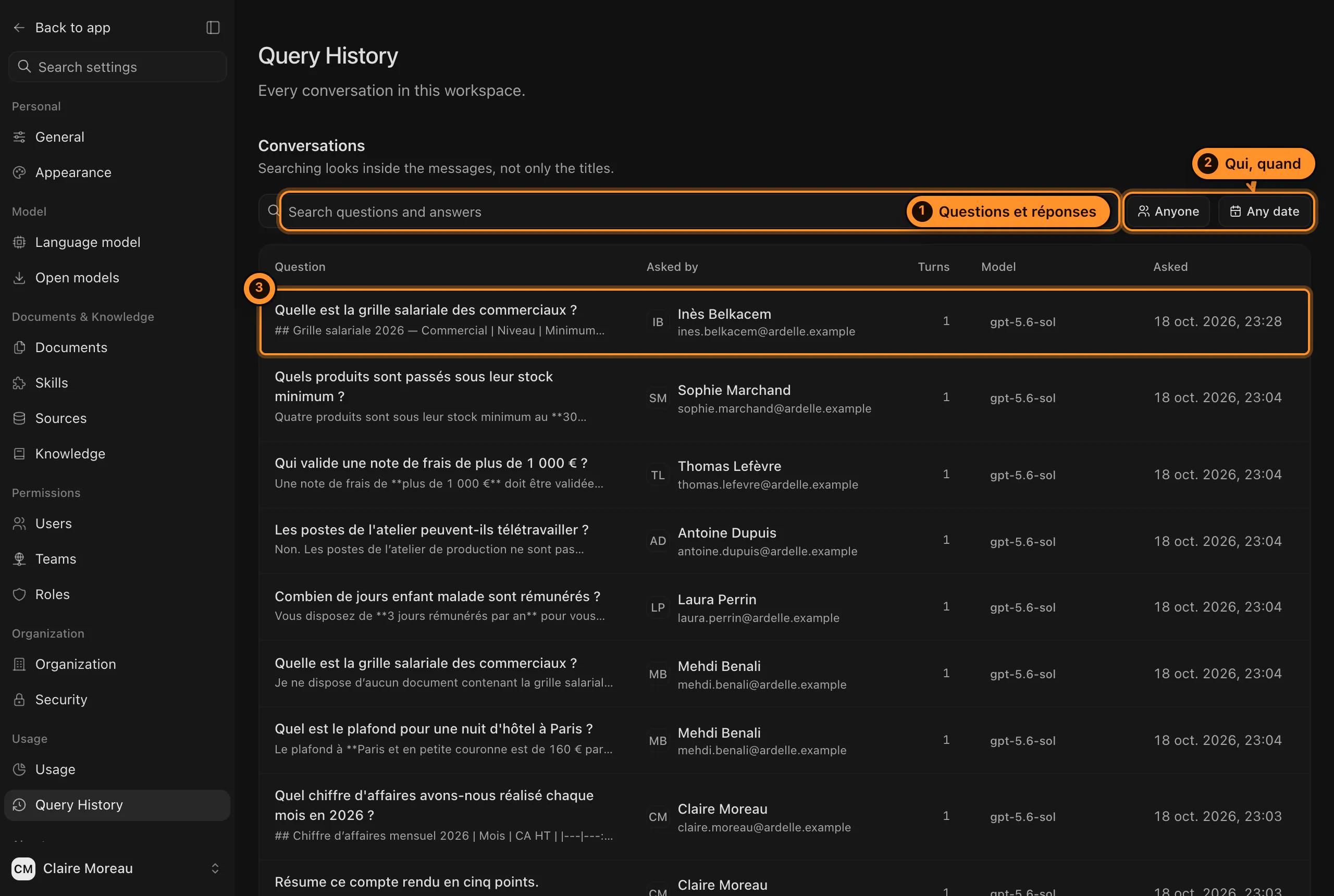 L'historique des questions