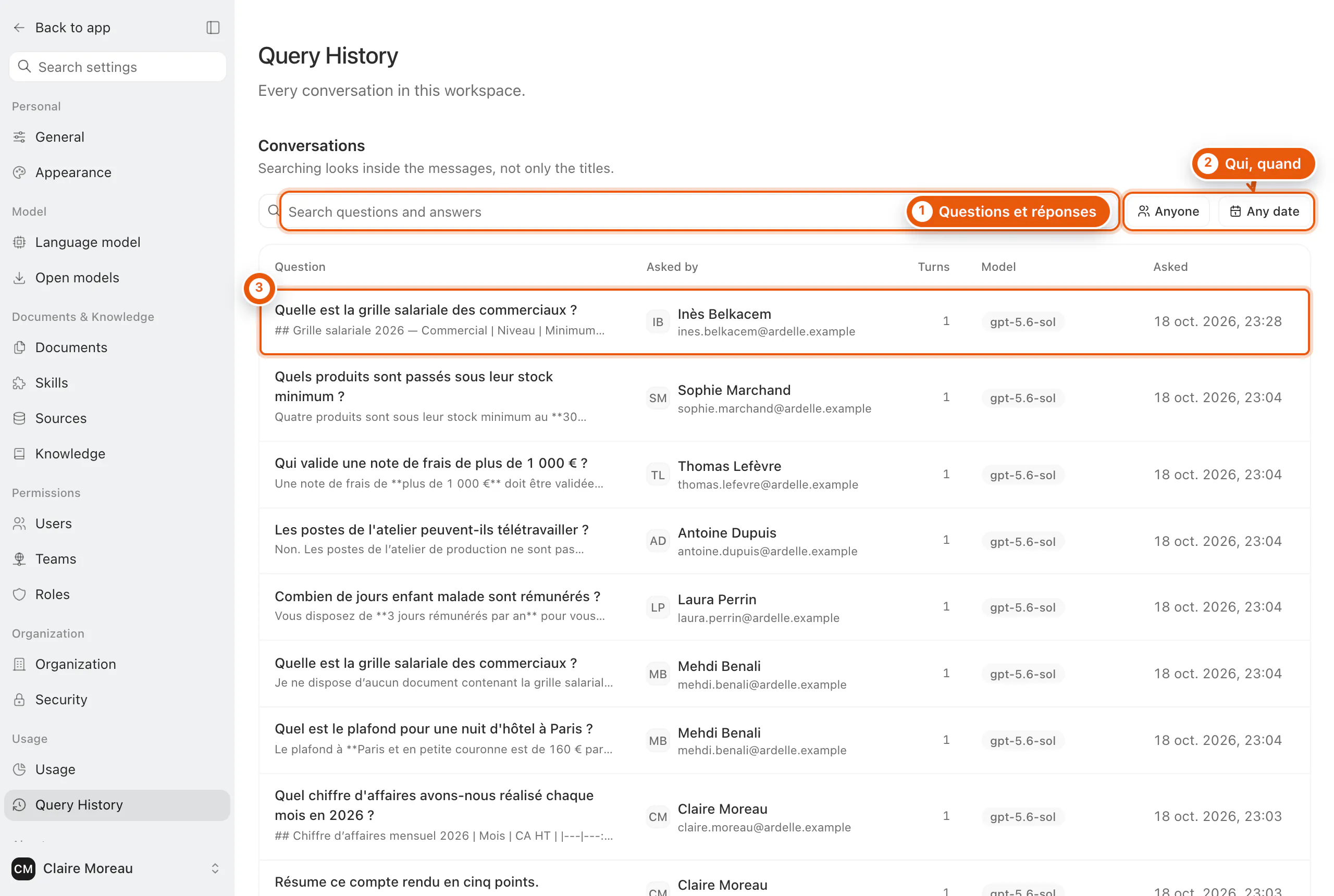 L'historique des questions