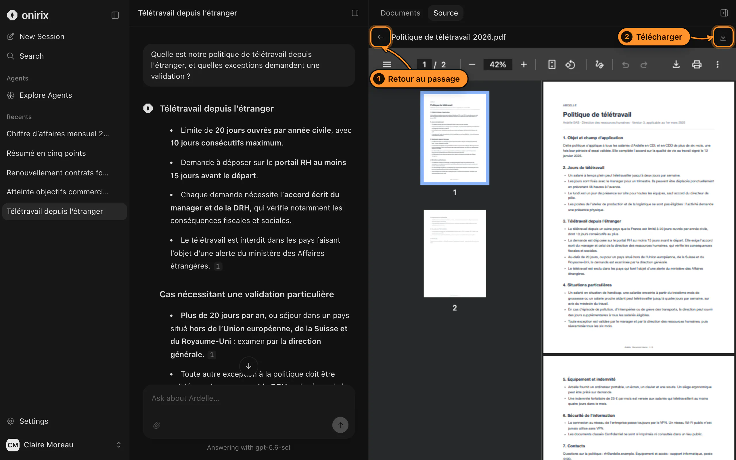 Le document ouvert dans le panneau
