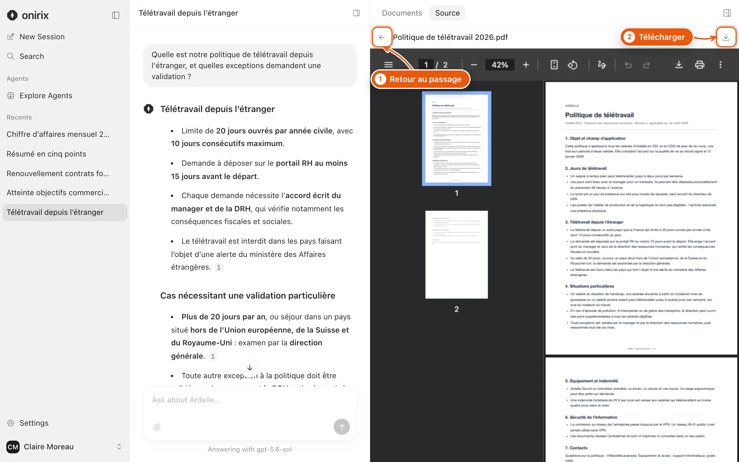 Le document ouvert dans le panneau