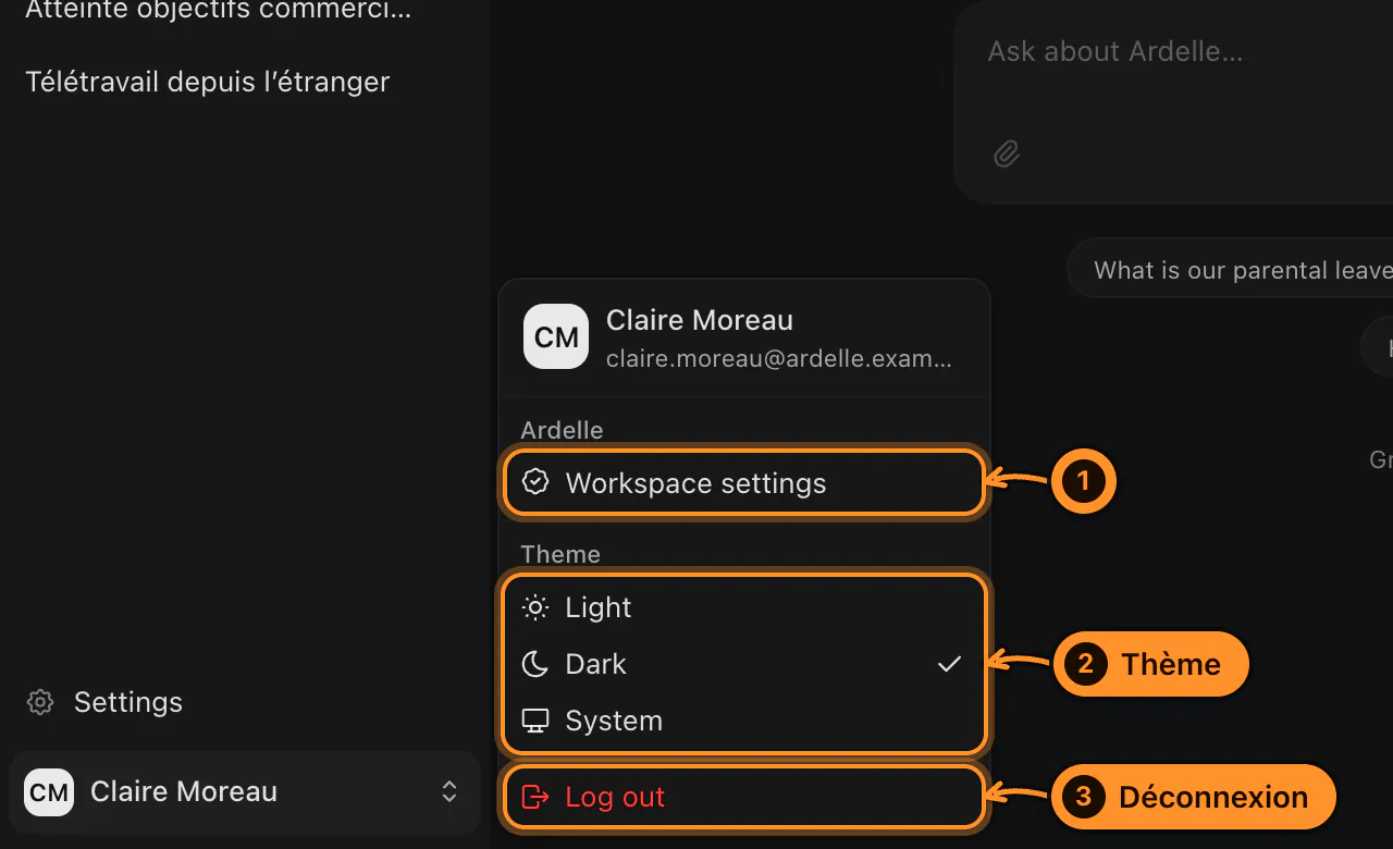 Le menu du compte